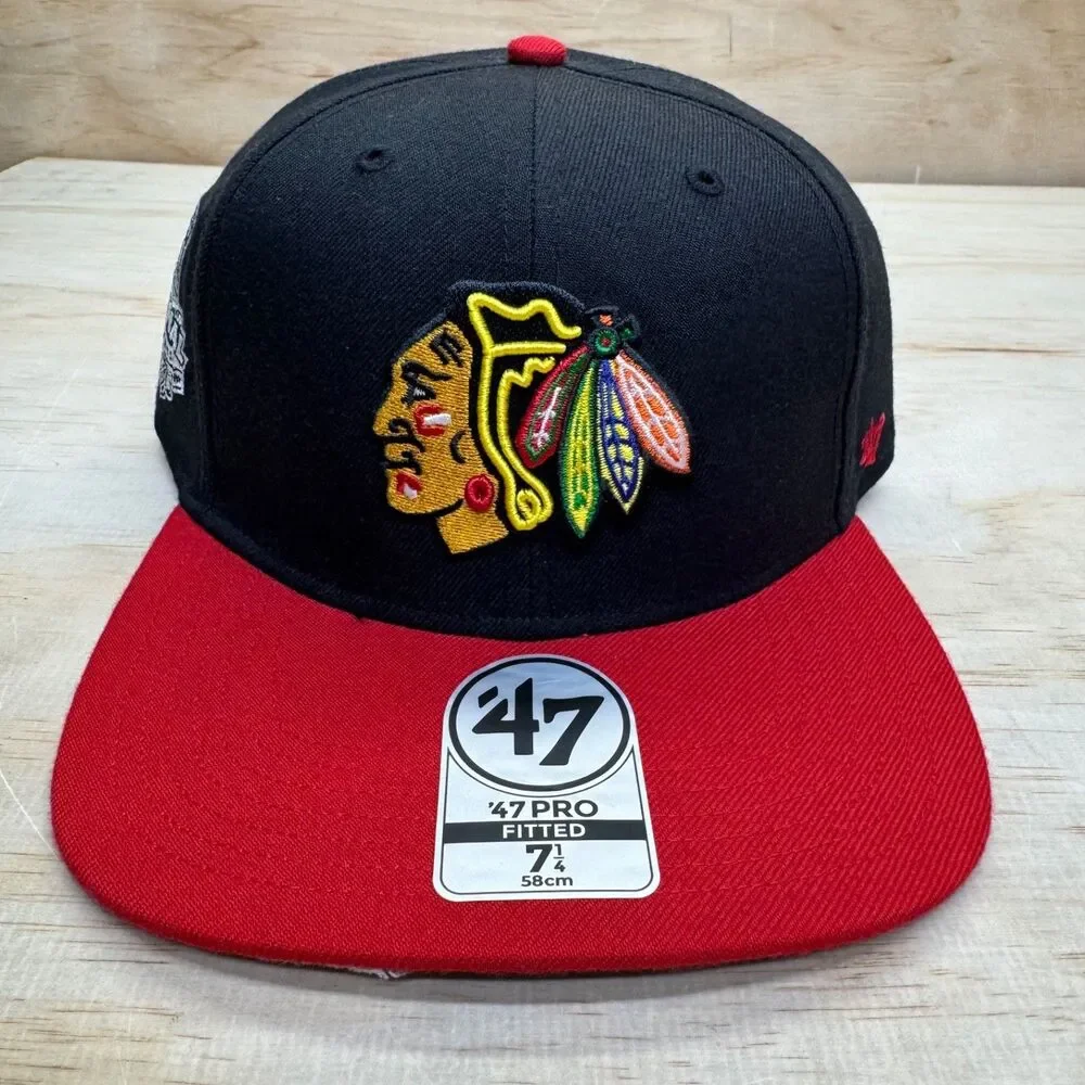 NEW Chicago Blackhawks Hat '47 Pro Fitted 2015 Stanley Cup Black Red Size 7 1/4